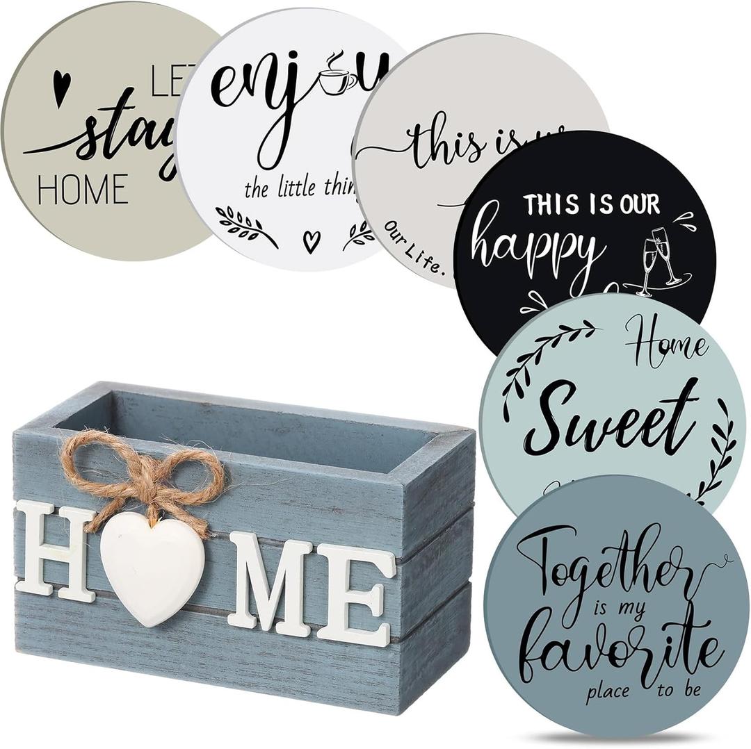 Queekay Coasters Set of 6 House Warming Gifts New Home Wooden Farmhouse Drink Coasters with Holder 4'' Funny Decoration for Kitchen Family Coffee Bar Tabletop Protection(Gray Blue)