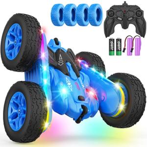 Remote Control Car, Rc Cars Stunt Kids Toys New Upgraded Strip Lights and Headlights Double-Sided 360 Rotating 4WD Drift Truck for Boys Girls Birthday Gift (Blue)