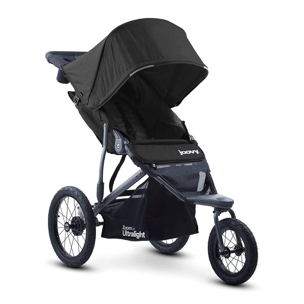 Joovy Zoom360 Ultralight Jogging Stroller Featuring High Child Seat, Shock-Absorbing Suspension, Extra-Large Air-Filled Tires, Parent Organizer, Air Pump, and Easy One-Hand Fold (Black), 54"L x 25"W x 46"H