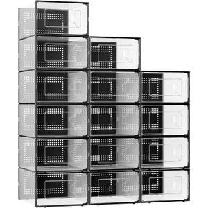 Foluck X-Large Shoe Storage Box, 15 Pack Clear Plastic Stackable Shoe Organizer for Closet, Interlocking Design Shoe Container Bins for Sneakers, Foldable Shoe Rack with Lids, Black