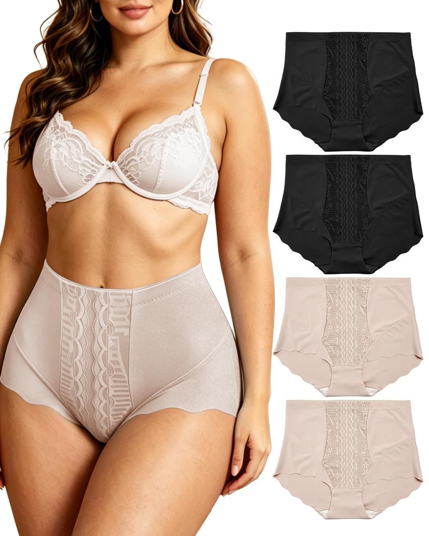 GAI YI 4Pack Women's High Waisted Underwear Moderate Tummy Control Shapewear Panties Stretch Lace Briefs for Women 2Black+2Skin 2XL