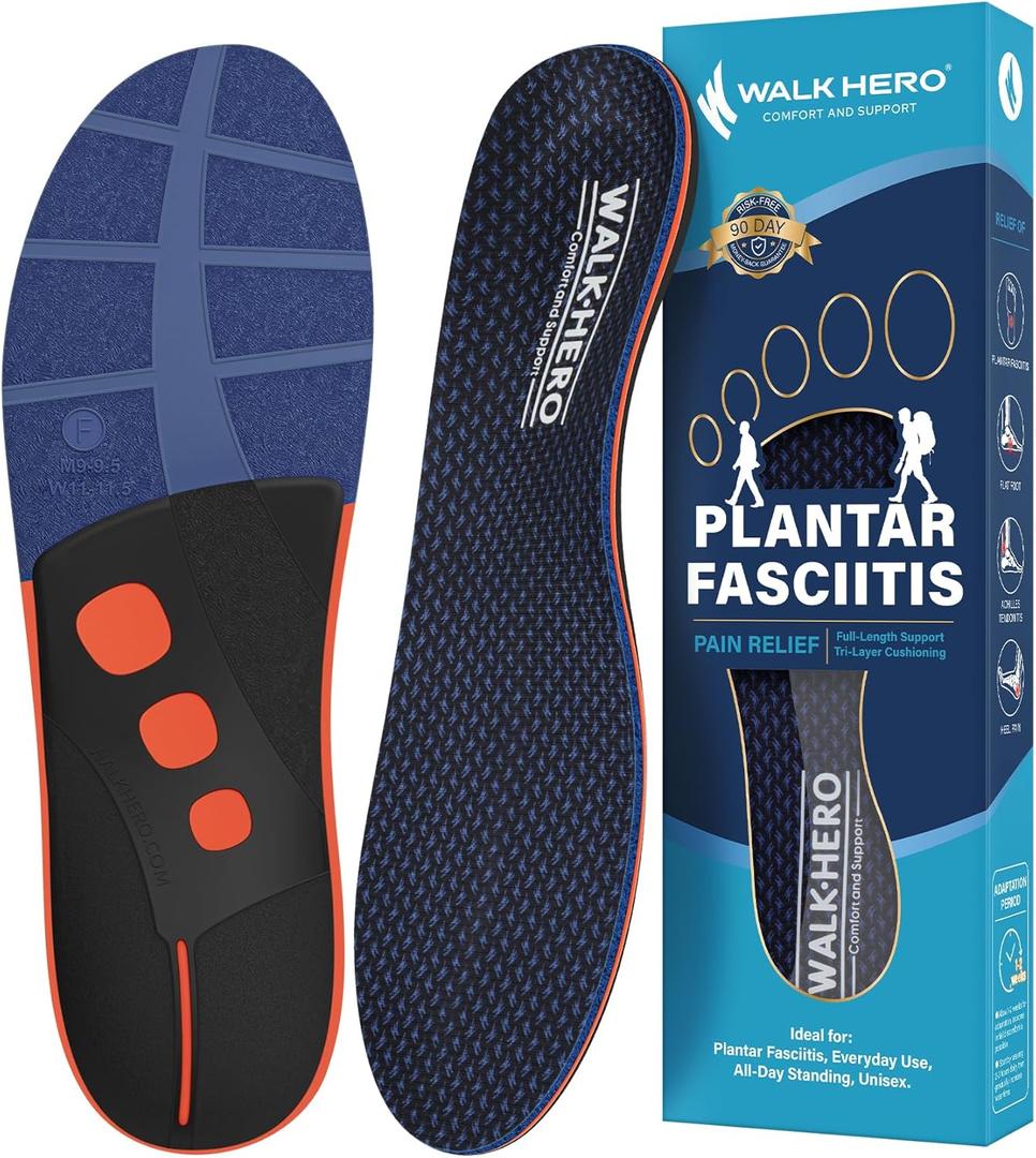 WalkHero Plantar Fasciitis Relief Insoles - Orthotics Inserts, Shoe Insoles Arch Support Flat Feet Inserts Work Boot Insoles for Standing All Day Mens 11-11.5 | Womens 13-13.5 (Grape Purple)
