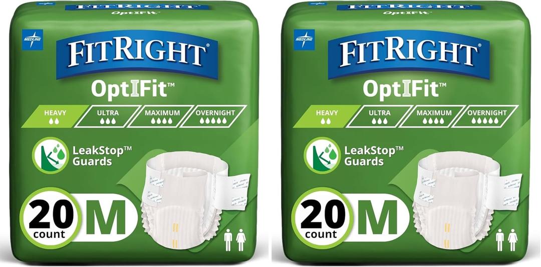 FitRight OptiFit Extra+ Adult Diapers with Leak Stop Guards, Disposable Incontinence Briefs with Tabs, Moderate Absorbency, Medium, 32"-42", 20 Count (Pack of 2)
