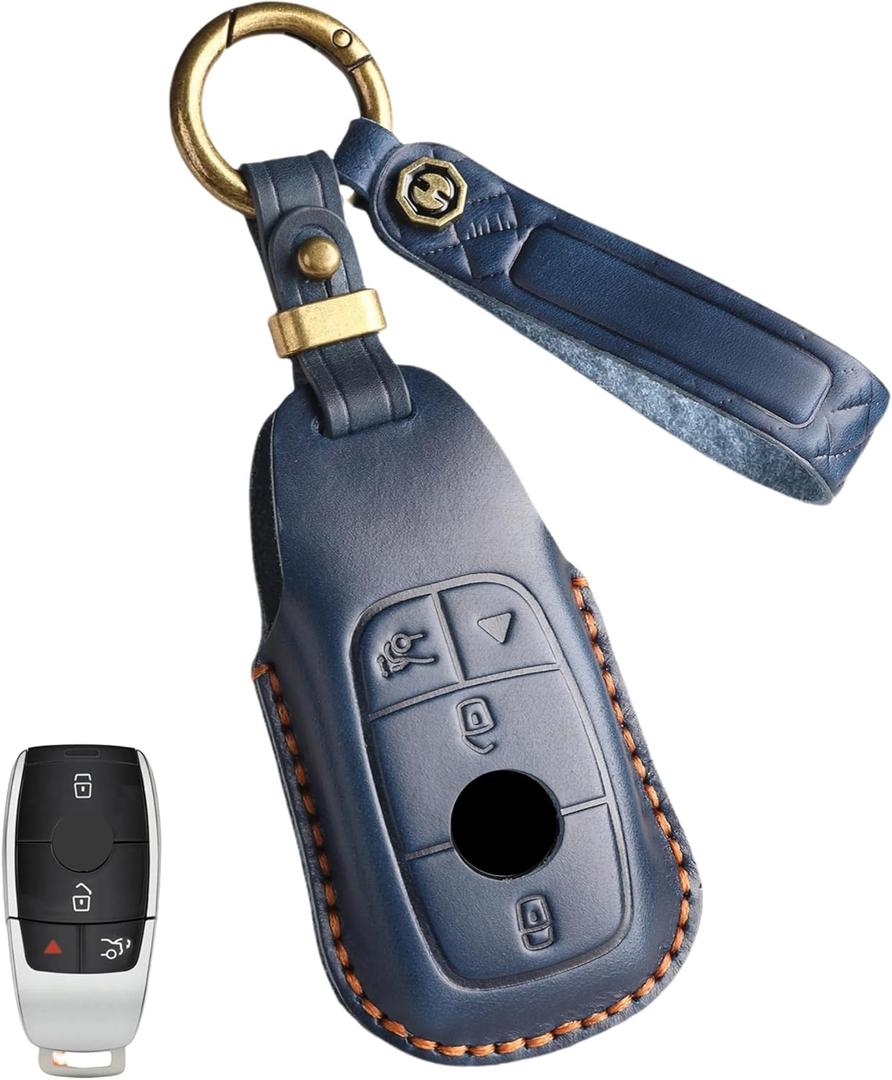 2 x Key Fob Cover for Mercedes Benz, Premium Leather Car Key Case Shell Protector with Key Chain for 2017-2023 E-Class 2018-2021 S-Class 2019-2023 A-Class C-Class G-Class (BLUE, Size-A)