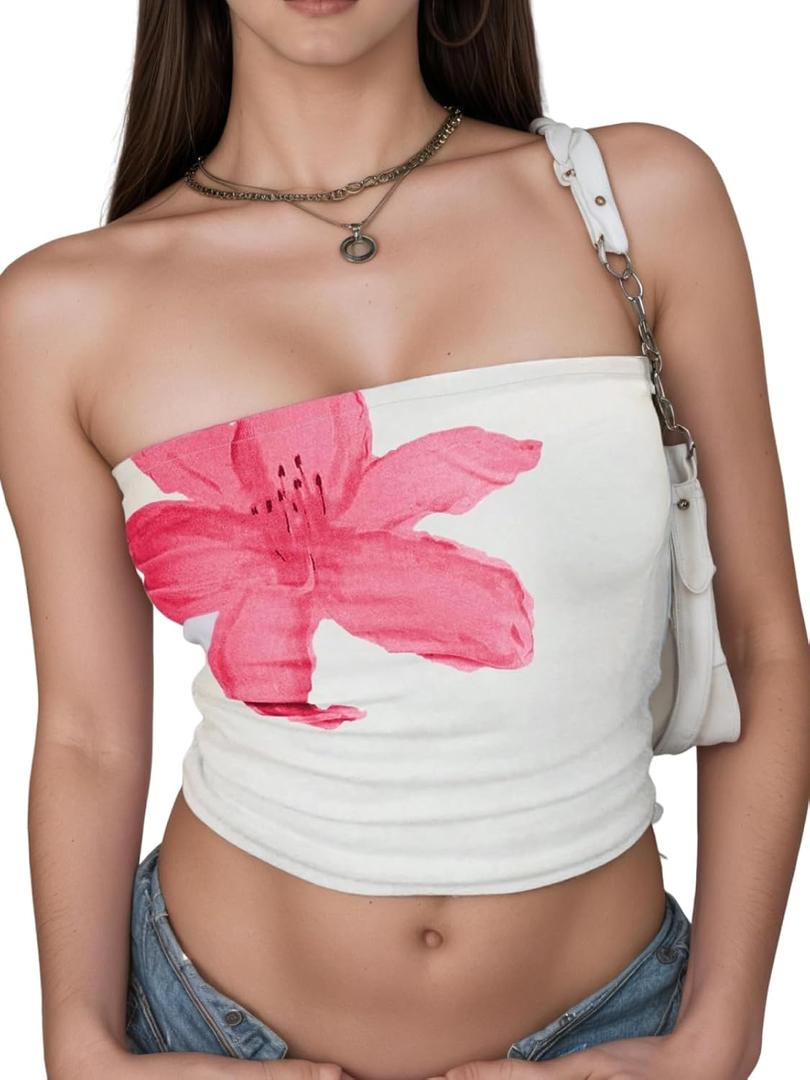Women's Y2k Cute Tube Tops Floral Non-Slip Strapless Crop Top Summer Boho Stretchy Bandeau（Medium,White (M)