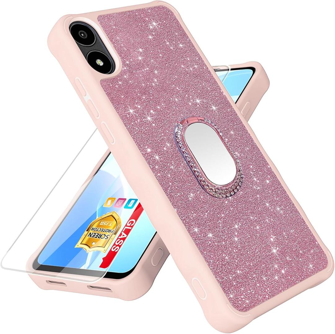 Compatible with Foxx FOXXD A67L Case [with Tempered Glass Screen Protector][Mirror Ring][Glitter Powder] for AriVoice A67L Leather Phone Case (CSK-Pink)