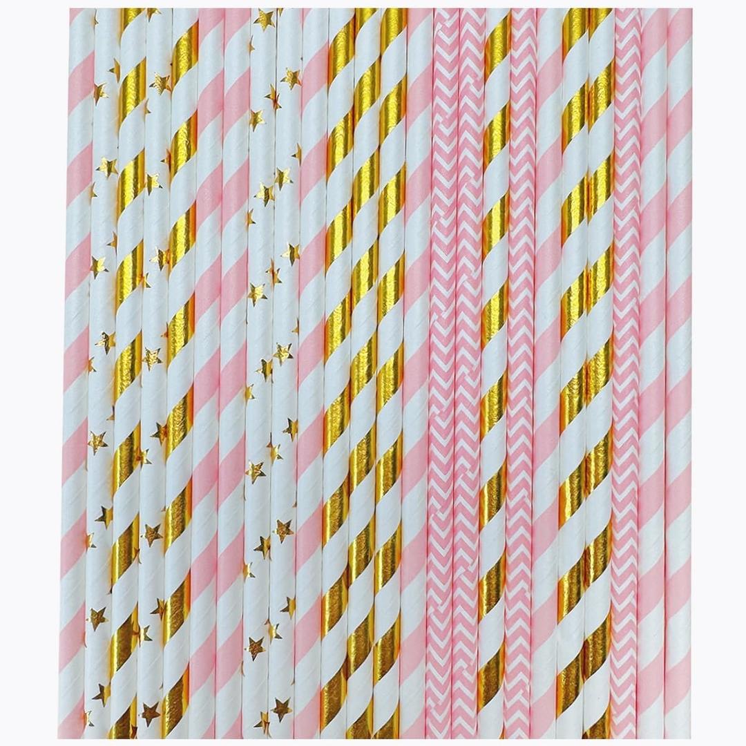 2 x YAOSHENG [100 Pack] Pink & Gold Paper Straws Disposable, 100% Biodegradable Multi-Pattern Party Straws For Birthday, Wedding and Holiday Decoration (pink gold)