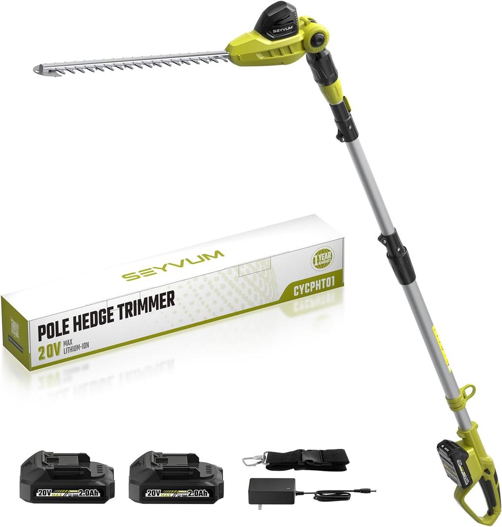 SEYVUM 20V 20 inch Cordless Pole Hedge Trimmer, 9 Feet Reach, Electric Hedge Trimmer with Extension Pole for Shrubs Pruning, Multi-Angle (2 Packs 2.0Ah Batteries and Charger Included)