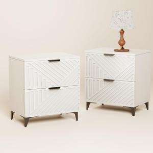 Fluted Nightstand Set of 2 with 2 Drawers, Side End Table, Small Accent Storage Cabinet,Modern Night Stand Bedside Table for Bedroom,White