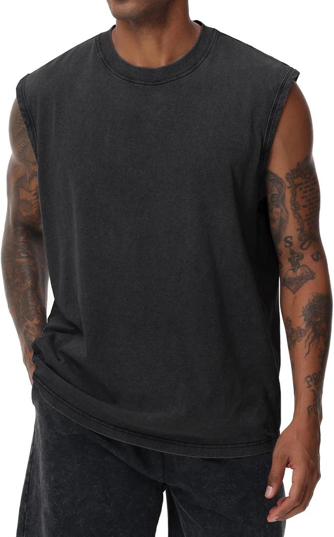 Mens Cotton Sleeveless Tank Tops Cut Off Muscle Gym T Shirts Running Beach Loose Fit Tees (XX-Large, Black)