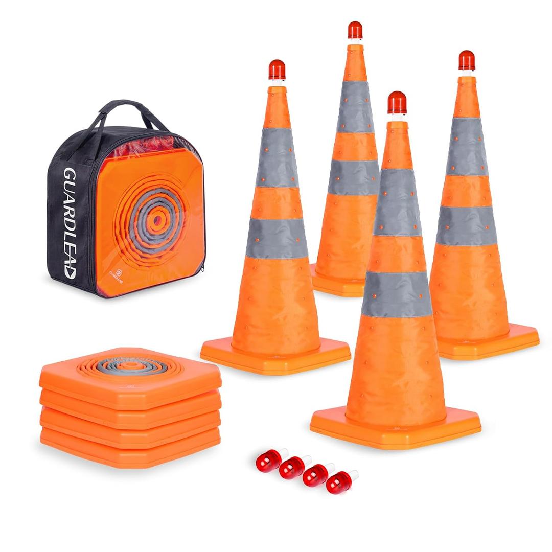 4 Pack 28 inch Collapsible Traffic Cones with LED Light, Safety Cones with Reflective Collars, Multi Purpose Pop Up Extendable Road Safety Cone by GUARDLEAD