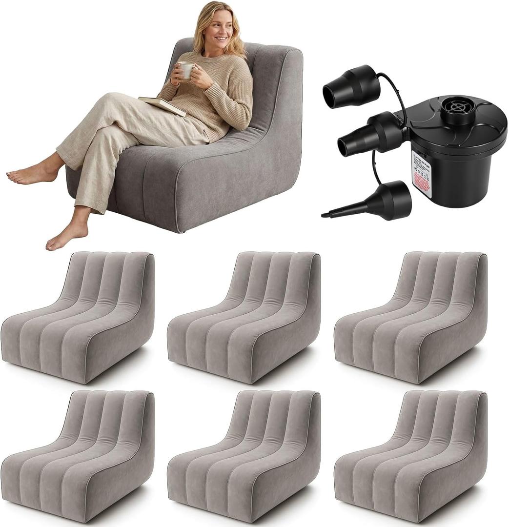 2 Pcs Inflatable Chairs for Adults, Blow up Couch with Electric Air Pump, Inflatable Chair for Movie Night Flocking Portable Blow up Furniture Beanbag Sofa for Living Room Party (Dark Grey)