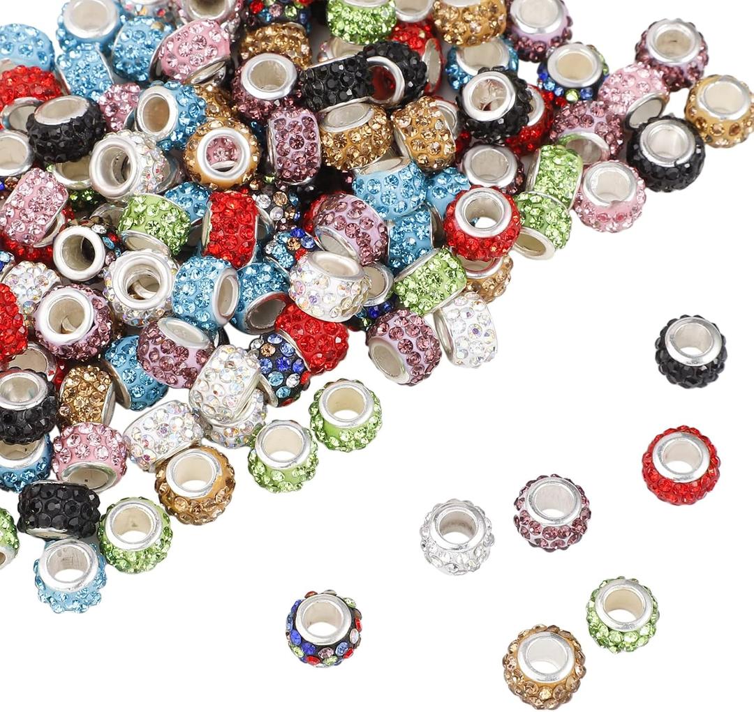 200 PCS European Large Hole Beads Rhinestone Colorful European Beads Crystal Large Hole Craft Beads for DIY Charms Bracelet Jewelry Making (Mixcolor)