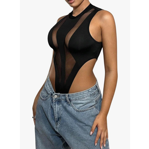 OYOANGLE Women's Contrast Mesh Sleeveless Tank Top Bodysuit High Cut Slim Fitted Party Club Rave Body Suits Black S