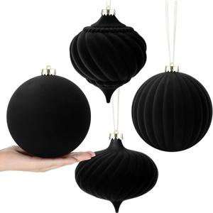 Civaner 4 Pcs 6 Inch Large Velvet Christmas Ball Ornaments Vintage Christmas Plastic Ball Ornaments Flocked Xmas Tree Hanging Decoration for Xmas Party Decor(Black)
