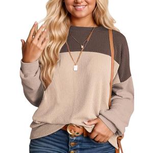 Plus Size Sweaters for Women Dressy Long Sleeve Shirts Business Casual Ribbed Knit Tops Dark Brown Khaki XL