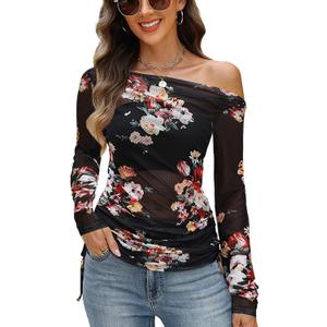 CiCiBird Womens 2025 Fall Off Shoulder Tops Long Sleeve Floral Mesh Shirts Trendy Going Out Outfits (Black, S)