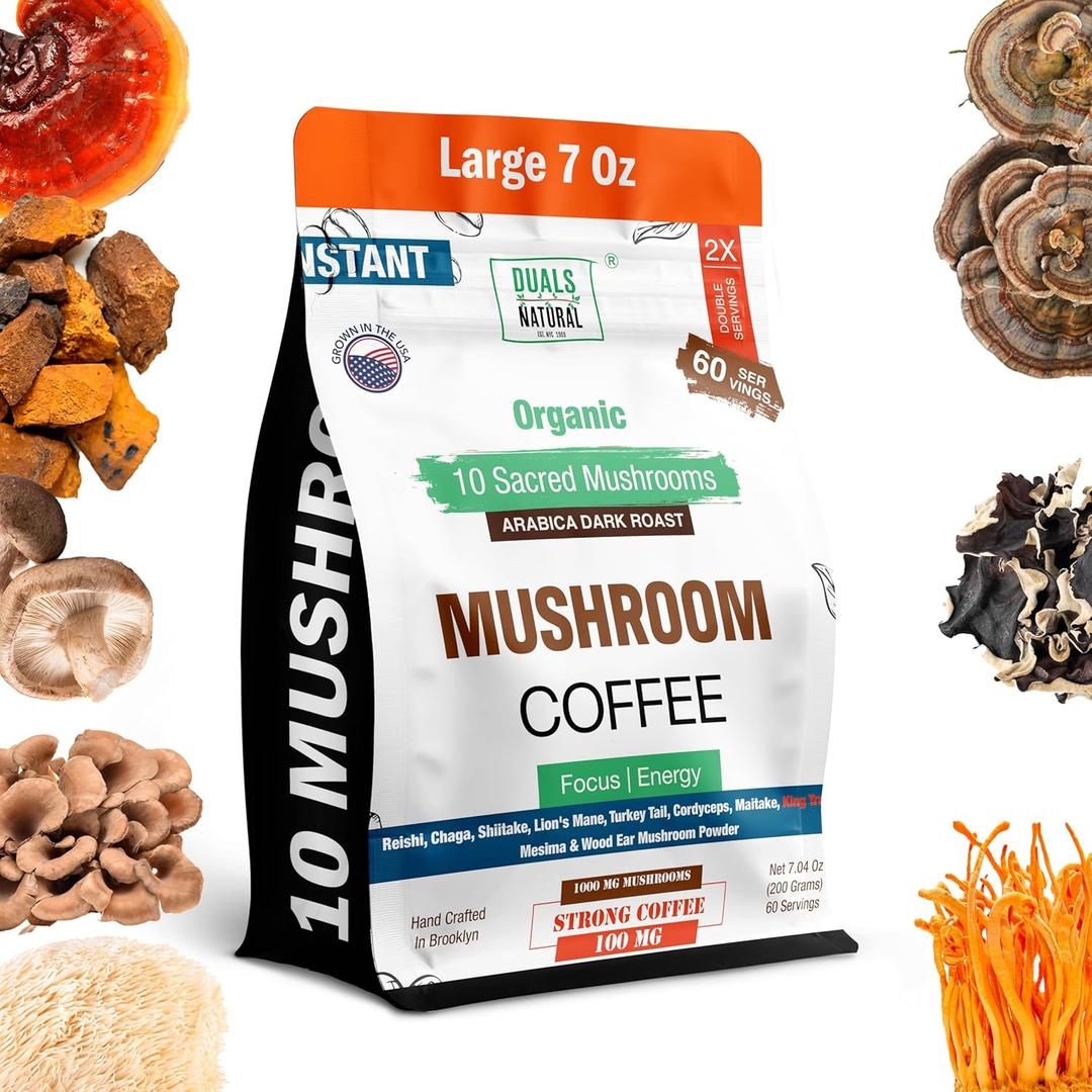 Strong Organic 10 Mushroom Coffee (7 Oz, 60 Servings) - Great Tasting Arabica Instant Coffee Infused with 10 Magical Superfoods: Lion's Mane, Reishi, Chaga, Cordyceps, Shiitake, Maitake, Turkey Tail, and King Trumpet (EXP 08/01/26)