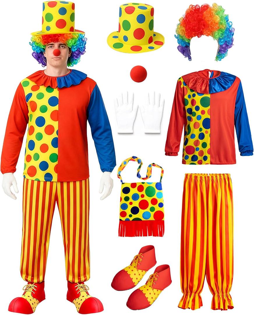 8 Piece Adult Clown Costume Set with Wig, Hat, Nose, Gloves, Shoes, Bag for Halloween Parties (X-Large)