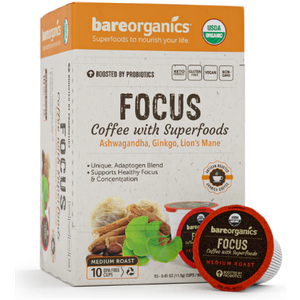 BareOrganics Focus Coffee Pods, Infused with Superfoods & Probiotics, Medium Roast, Vegan Friendly, Keto, USDA Certified Organic, Gluten Free & Non-GMO, 10 Ounce (Pack of 6), No BB Date