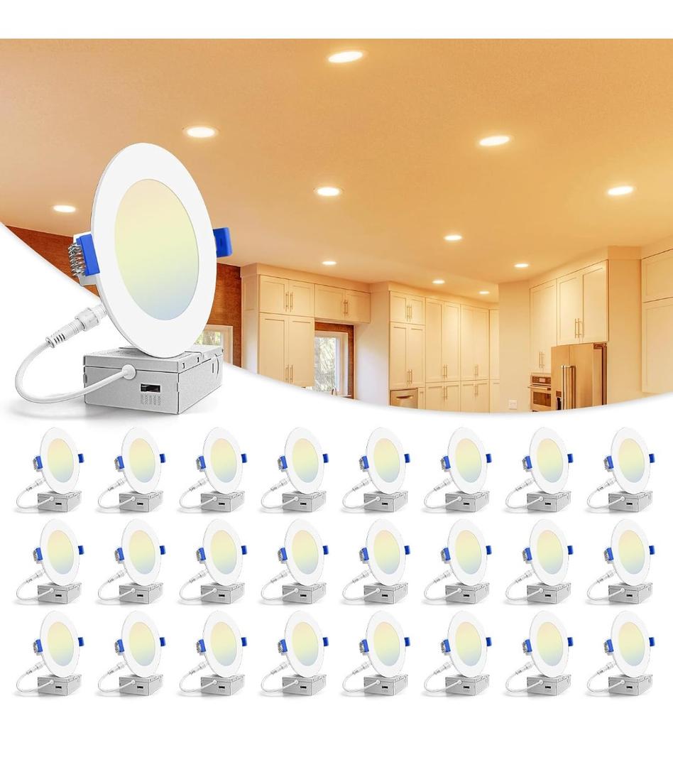 VOLISUN 24 Pack 4 inch Recessed Lighting, 5CCT LED Recessed Light with Junction Box, 2700K-5000K Selectable, 9.5W Eqv 80W, 810LM Dimmable Canless Wafer Downlight, LED Ceiling Light ETL Certificated