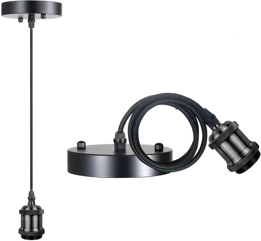 Vintage Mini Pendant Light Cord Kit, Industrial Edison Retro Pendant Light UL Lamp Holder Fixture E26 E27 Lamp Socket, 3.94ft Adjustable Woven Fabric Hanging Light Cord Kit (Black)