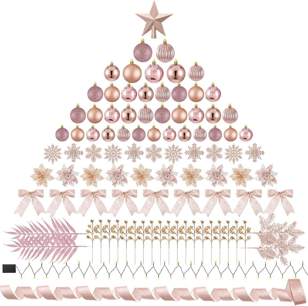 Poen 108 Pcs Christmas Tree Ornament Set Including Xmas Tree Ball Glitter Poinsettia Bows Berries Stems Leaves Snowflakes Ribbon Lights for Christmas Decoration (Rose Gold)