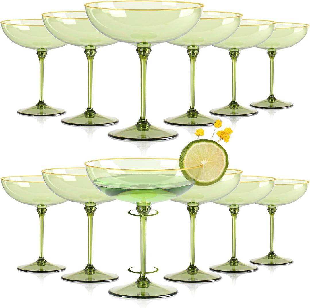 HKSZEH 12 PCS Plastic Coupe Glasses 9 oz Sage Green Detachable Gold Rim Martini Glass Espresso Champagne Cocktail Cups Disposable Vintage Margarita Glassware for Christmas Bridal Wedding Baby Shower