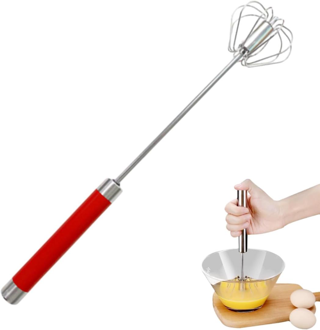 Easy Whisk - 12 Inch Stainless Steel Semi Automatic Whisk Rotating Hand Egg Beater for Milk Frother, Dough, Cream, Matcha, Hand Push Kitchen Mixer for Blending, Whisking, Beating & Stirring (Red)