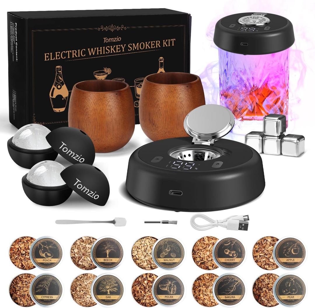 Electric Whiskey Smoker Kit, Father's Day Whiskey Gift for Dad, Rechargeable Cocktail Smoker with 7 Color Lights, Gift Set with 2 Wooden Whiskey Glasses, 10 Wood Chips, Ice Molds & Steel Cubes