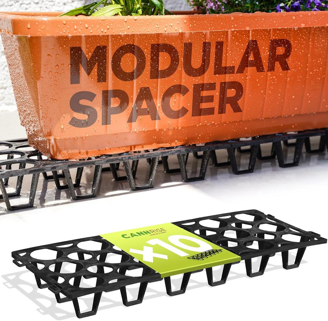 Plant Riser 10 Pack Modular Pot Spacer for Grow Bags, Planters & Containers UV-Resistant Drainage Tray for Airflow, Root Health & Cleaner Surfaces - 19.7x7.5x2.4 inches (Black)