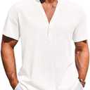 Runcati Mens Casual Henley Shirts Linen Short Sleeve V Neck Band Collar Shirt Beach Summer Hippie Lightweight Tops, XL