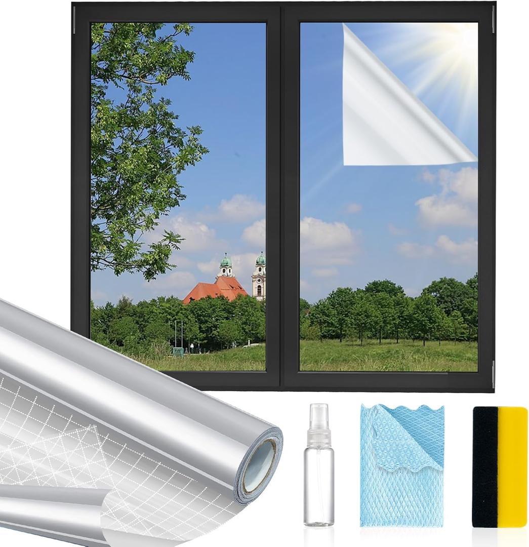 Window Privacy Film One Way, Reflective Mirror Window Film Daytime Privacy, UV Sun Blocking Heat Control Static Cling, Window Tint for Home Office - 35.4 Inch X 32.8 Feet