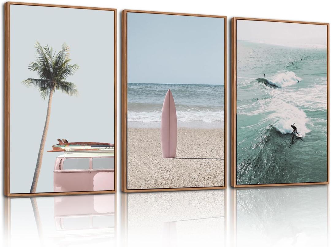 CHDITB Ocean Beach Framed Canvas Wall Art Set, Coastal Surfboard Wall Decor,Summer Coconut Tree Sea Wall Painting, Modern Surfing Art Prints for Living Room, Bedroom, Office- Large Size 24"x36"x3