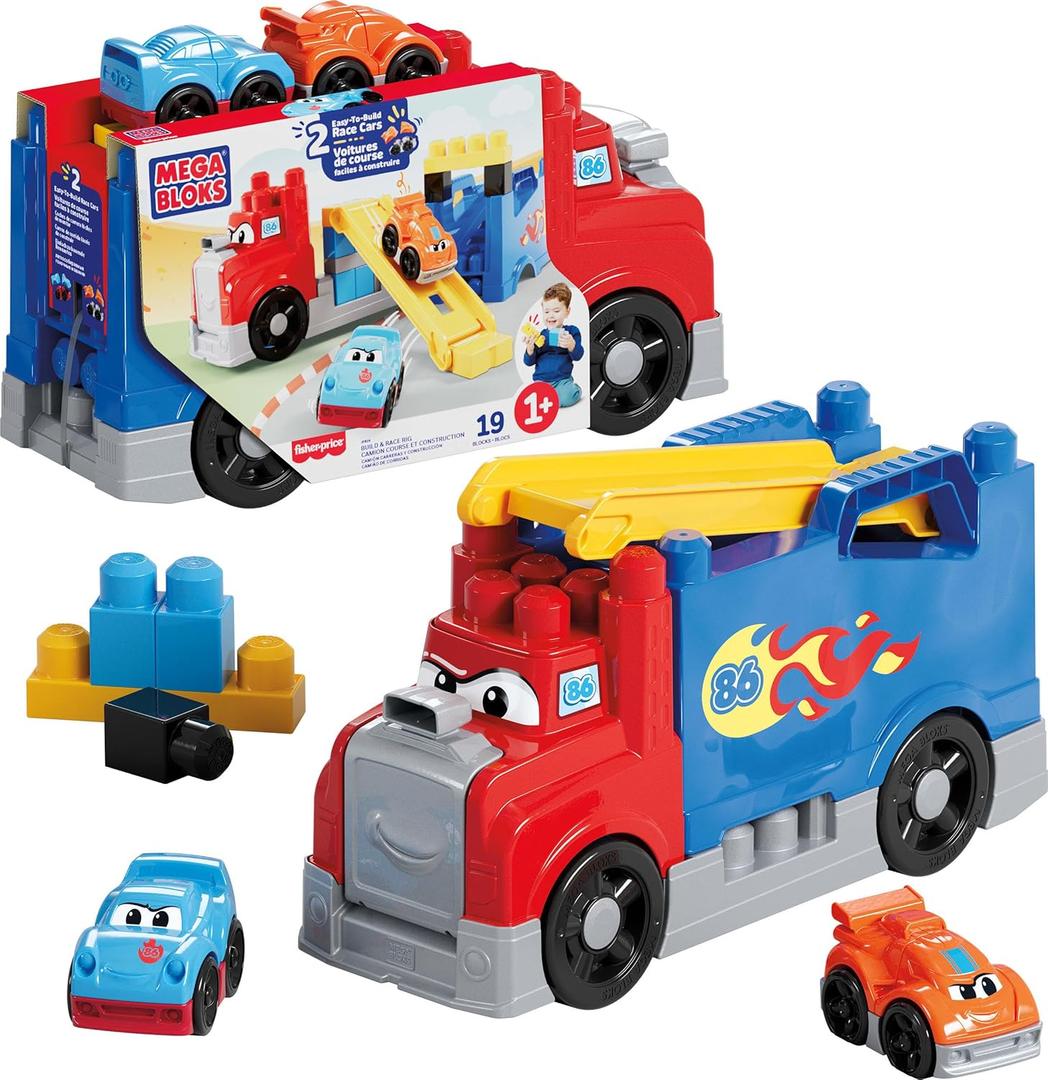 MEGA BLOKS First Builders Toddler Building Blocks Toy Set, Build & Race Rig with 19 Pieces, 2 Race Cars and Storage, Red, Ages 1+ Years