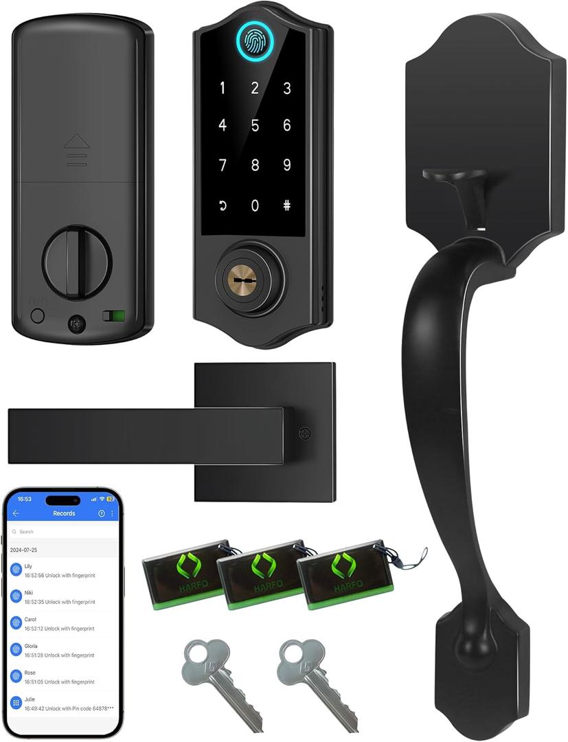 Fingerprint Smart Door Lock for Front Door with Handle Set, App Control, Keyless Entry Keyless Deadbolt, Digital Electronic Touchscreen Keypad, Auto Lock, Easy to Install, Black