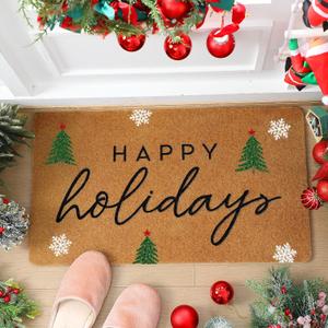Duraaamo Happy Holidays Christmas Door Mat Nature Coir Christmas Welcome Door Mat Non Slip Floor Mats for Xmas Indoor Entrance Porch Front Decor, 28 x 16 Inch