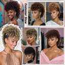Mohawk Wig Kinky Curly Brown Ponytail with Bangs,Short Curly Synthetic Clip on Mohawk Brown Mix Black Ponytail Extension with Six Clips and Two Combs Fluffy Hair for Daily and Party Use 1B/30