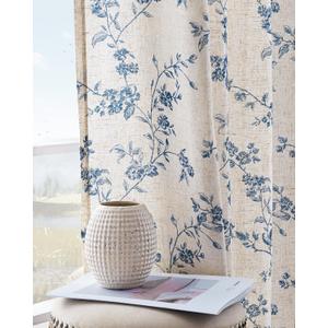 jinchan Linen Floral Curtains for Living Room 84 Inch Length Blue Printed Curtains Back Tab French Country Farmhouse Flower Patterned Drapes Bedroom Window Curtain Set 2 Panels