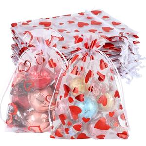 Shintop 50PCS Valentine Organza Candy Bags, 4x6in Sheer Drawstring Gift Pouches with Heart-Printed Treat Favor Bags for Wedding, Mother’s Day, Small Business Packaging