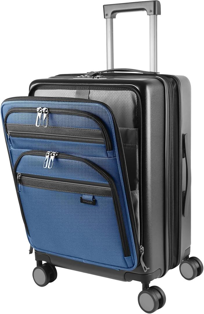 KROSER Hardside Expandable Carry On Luggage 22x14x9 Airline Approved With Front Business Pockets, 20 Inch Suitcases with Wheels, Carry on Suitcase with TSA Lock & USB Port, Black-Haze Blue
