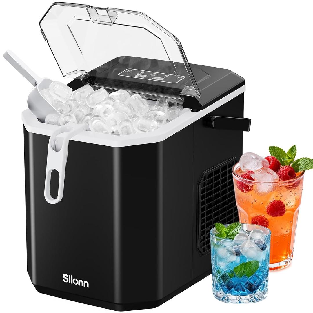 Silonn Ice Maker Countertop, Portable Ice Machine with Carry Handle, Self-Cleaning Ice Makers with Basket and Scoop, 9 Cubes in 6 Mins, 26 lbs per Day, Ideal for Home, Kitchen, Camping, RV
S
