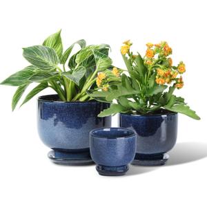 vicrays Ceramic Plant Pots Indoor - 6.8/5.5/4.3 Inch Planter Pot with Drainage Hole and Saucer for Succulent Orchid Flower Herbs Cactus - Gardening Home Desktop Office Decor  Set of 3 Blue