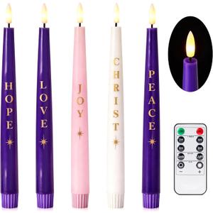 Flameless Advent Candles Set of 5 with Words, 10 Inch White, Purple & Pink Flameless Candle, Flameless Taper Candles for Advent Wreath, Flickering LED Candle with Remote