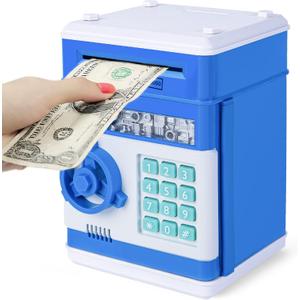 Refasy Piggy Bank Cash Coin Can ATM Bank Electronic Coin Money Bank for Kids Age 3-12, Money Savings Box Mini ATM Coin Bank Toys Gifts for 3 4 5 6 7 8 9 10 11 12 Year Old Boys Girls (Blue)