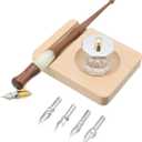 Crapyt 1 Set Wood Dip Pen with 5 Pcs Stainless Steel Oblique Nibs Desktop Pen Holder Holder Ink Well for Dip Pen Calligraphy Drawing(Light Brown)