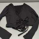 Artfish Women Sexy Deep V Neck Fleece Lined Crop Top Bandage Wrap Tie Fitted Cleavage Shirts (Black, L)