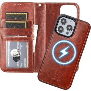 Bocasal for iPhone 14 Pro Max Wallet Case Compatible with MagSafe Wireless Charging, RFID Blocking Magnetic Leather Case with Card Slots Holder Kickstand Detachable Wrist Strap 6.7 Inch (Brown)