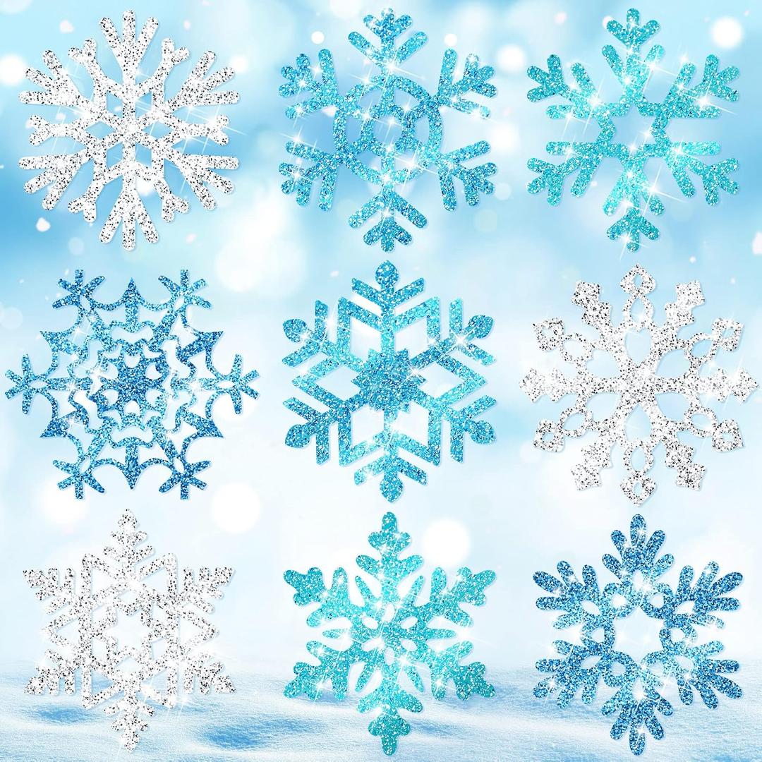 Zonon 45 Pieces Snowflake Cutouts Decorations, Winter Christmas Snowflake Paper Cutouts with Glue Point Dot for Bulletin Board Winter Party Home Class Office Decor Accessories (Silver,Blue)