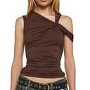 EeAmzQc Brown Twist Strap One Shoulder Sexy Crop Tank Tops for Women Asymmetrical Neck Ruched Slim Y2K Shirt Sleeveless (Brown, M)